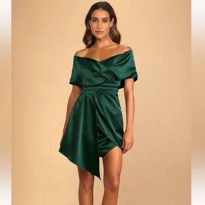 Lulu’s Emerald Green Asymmetrical Satin Mini Dress